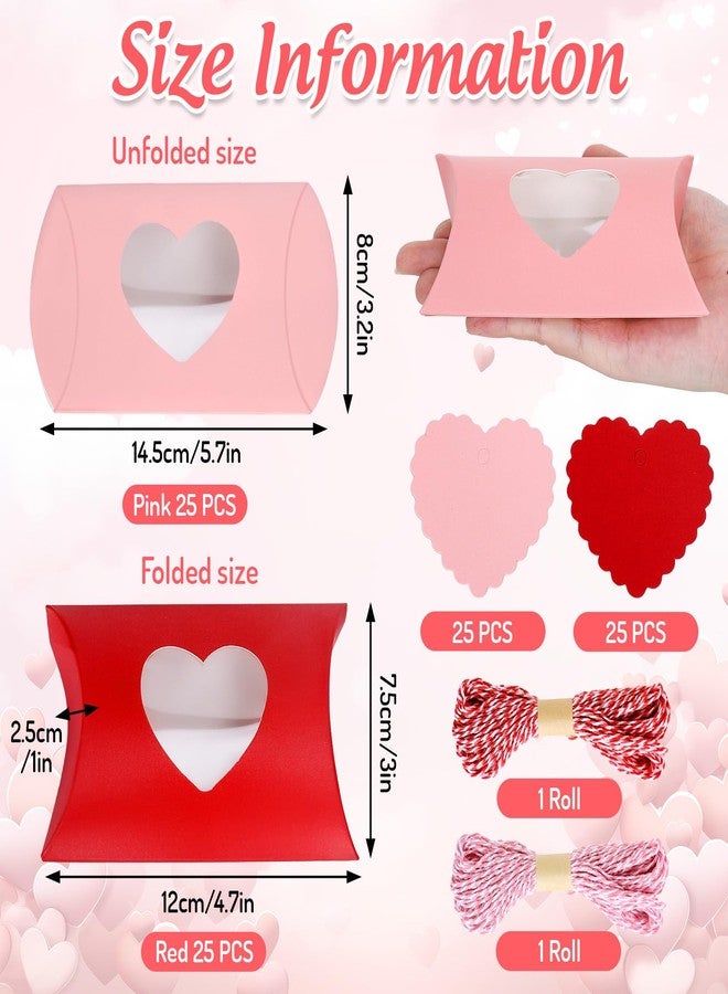 JarThenaAMCS 50Pcs Valentine's Day Treat Boxes with Gift Tags Cotton Rope Red Pink Pillow Boxes with Heart PVC Window Gift Paper Container for Sweets Chocolate Birthday Wedding Party - Image 2